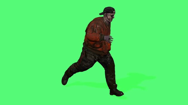 A frightening zombie character runs on a green screen, ideal for horror projects and game design.