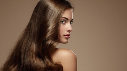 Naklejka premium Young woman model showcases beautiful long hair against a simple background in a studio setting