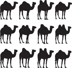 Twelve black camel silhouettes arranged in three rows of four on a white background animal