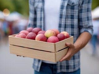 Individual holding a wooden crate filled with fresh, red apples at an outdoor market, showcasing vibrant produce and a lively atmosphere of community engagement