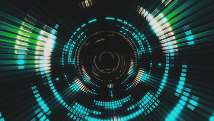 Futuristic sci-fi tunnel corridor with technical bricks texture with glowing rays.