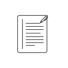 A minimalist line drawing depicts a document with lines of text and a pen poised to write on the upper right corner, symbolizing the act of writing or documentation.