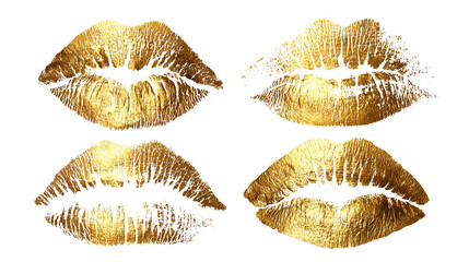 Set of golden lipstick kiss marks, isolated on transparent cutout background