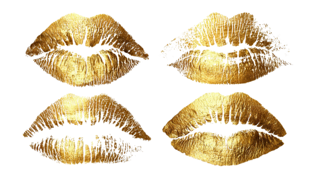 Set of golden lipstick kiss marks, isolated on transparent cutout background