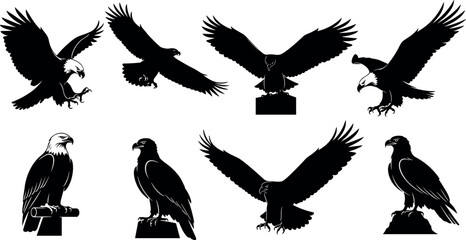 Set of majestic eagle silhouettes in flight and perched positions, ideal for wildlife, freedom, and patriotic themed vector illustrations