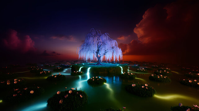 Glowing willow tree on floating island surrounded by magical flowers at twilight