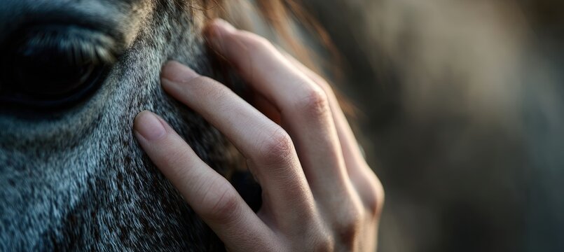 Close-Up of Hand Touching Horse's Neck with Emotional Connection - Powered by Adobe