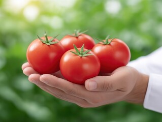 Fresh red tomatoes held in a hand, showcasing vibrant colors and natural textures, surrounded by lush greenery, representing healthy eating and organic farming practices