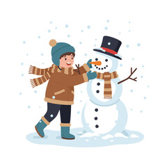 Child building snowman in winter &mdash; flat vector icon on white background