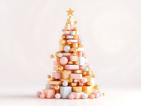 Christmas tree made of geometric shapes pink gold pastel colors holiday season festive design decoration on transparent background