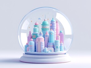 Snow globe city winter christmas miniature decoration holiday souvenir gift pastel colors building art on transparent background