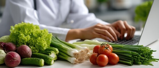 A nutritionist prepares a report while surrounded by fresh vegetables, focusing on healthy eating practices and food management