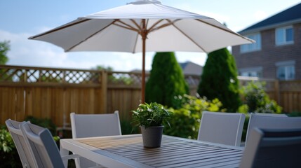 Obraz premium Backyard patio table and chairs set with umbrella
