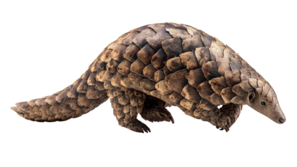 A solitary pangolin with its distinctive scales curled up against a dark background