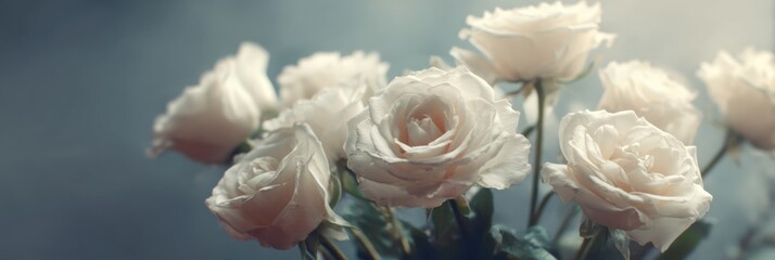 White roses with soft petals are arranged gracefully, illuminated by gentle light that highlights their beauty and elegance in a quiet setting.