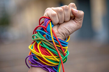 Clenched Fist Wrapped in Tangled Colorful Ropes hand