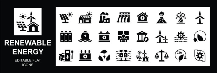 Renewable Energy flat Icon Set. including solar wind, alternative sources energy. Eco icon collection and low emission sustainable power system line icon set. Vector illustration. © jobaersadik