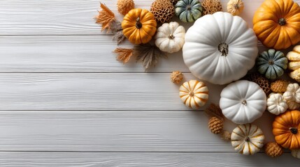 Fototapeta premium Display of various pumpkins in white and orange alongside autumn leaves in a decorative setting, perfect for seasonal festivities