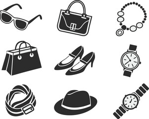 Fashion accessories icon set vector illustration, including hats, sunglasses, handbags, high heels, shorts, jewelry, stylish trendy fashion design elements collection