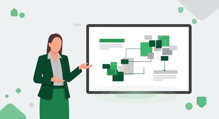 Businesswoman Presenting Analytical Data On Screen With Modern Style And Green Tones