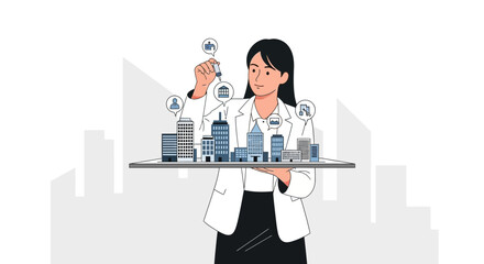 Obraz premium Businesswoman Architect with Building Models and Concept Illustrations, Strategy Planning