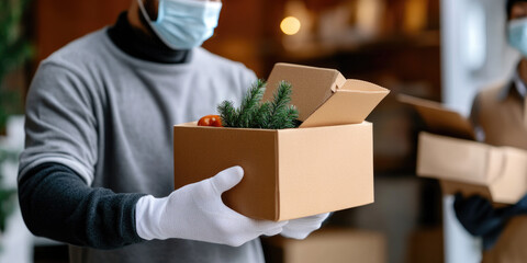 Delivery person wearing a face mask and protective gloves carefully holding a gift box containing festive holiday decorations, representing safe seasonal delivery and charity