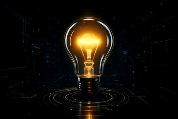 Glowing incandescent light bulb on dark digital background