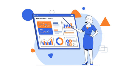Businesswoman Presenting Data On A Screen Representing A New Business Launch