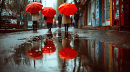 People with red umbrellas walk down a street on a rainy day.
