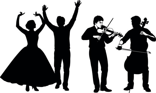 Silhouette of dancers and musicians performing on stage, showcasing expressive movement, classical instruments, and artistic celebration in black and white.
