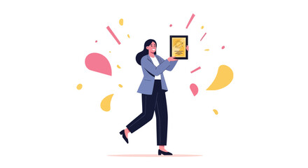 Businesswoman Celebrating Achievement Holding Award in Animated Style with Confetti