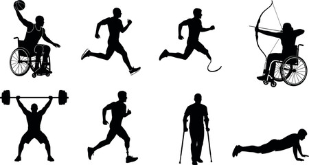 Silhouette icons of disabled athletes in action, showcasing inclusive sports, adaptive fitness, wheelchair basketball, prosthetics, and physical empowerment