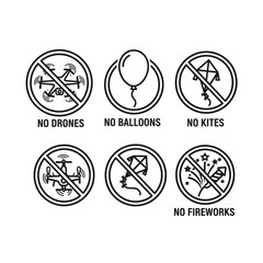 Set of six circular prohibition signs indicating no drones, no balloons, no kites, and no fireworks.