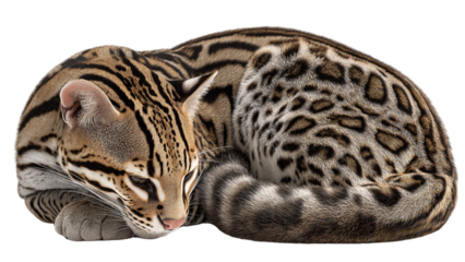 A beautiful ocelot cat curled up sleeping peacefully against a stark black background
