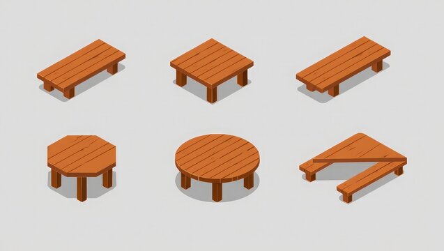 Collection of isometric wooden tables and benches furniture