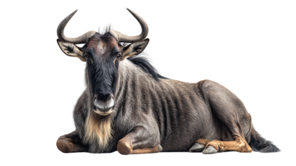 Majestic wildebeest rests peacefully against a stark black background showcasing its impressive horns and textured coat