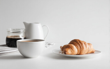 Cup of black coffee with croissant on white background.