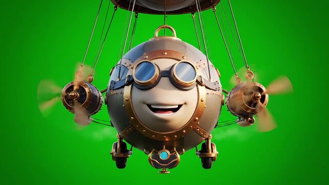 Whimsical steampunk blimp character with goggles and propellers flying joyfully