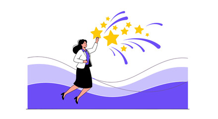 Obraz premium Businesswoman Reaching For Stars, Symbols Of Achievement. Achieving Success And Goals