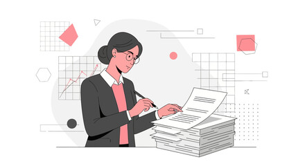 Businesswoman reviewing financial documents and statistics in a modern flat illustration
