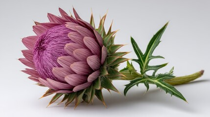 Close up of a vibrant pink thistle flower with green leaves