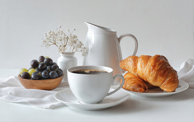Cup of black coffee with croissant on white background.