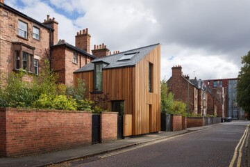 Modern wooden house stands out among traditional brick buildings on a quiet street in an urban neighborhood, showcasing unique architecture on a cloudy day