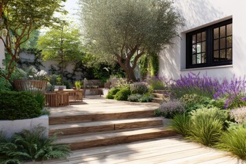 A stunning garden patio features elegant wooden decking, enveloped by vibrant greenery and blooming lavender plants, all basking in bright daylight