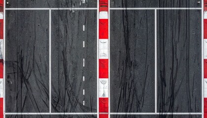 Overhead view of two adjacent lanes with solid and dashed white lines, bordered by red-white striped barriers and tire marks.
