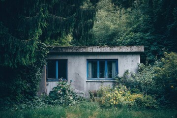 Overgrown house surrounded by dense foliage in a quiet forest setting capturing nature reclaiming space during a serene afternoon
