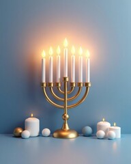 Menorah with lit candles against a blue wall background