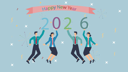 Enthusiastic business team celebrating the arrival of the year 2026 with joy and anticipation for success
