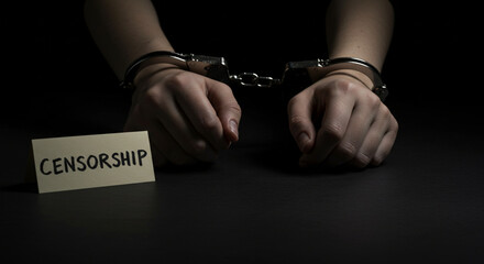 Person with hands cuffed and a sign reading "censorship"