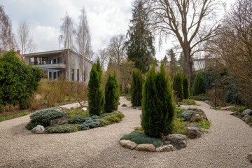 Beautiful peaceful garden landscape featuring neatly arranged gravel paths and lush greenery surrounded by trees on a calm sunny day in springtime
